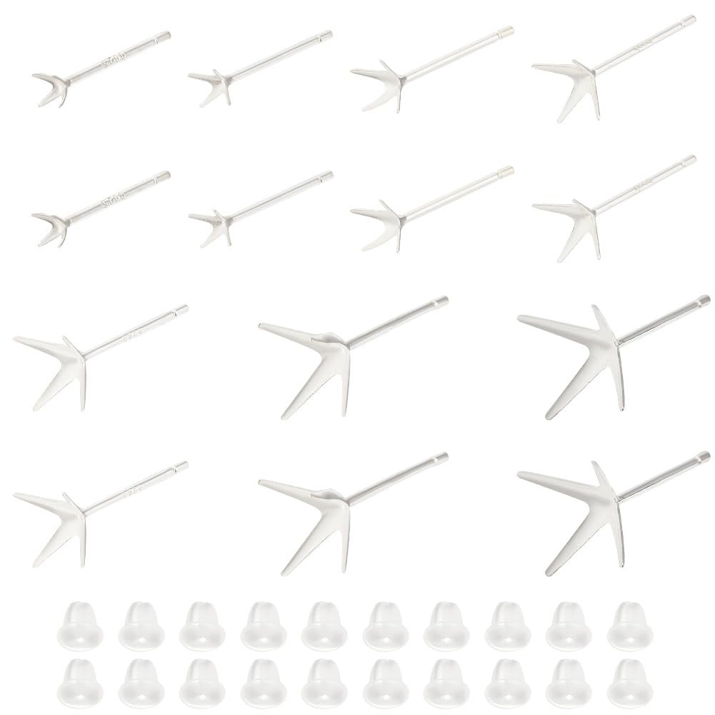 PH PandaHall 7 Pairs 925 Sterling Silver Earring Studs Blank Earring Studs 4 Claw Bezel Earring Snap Set Handmade Earring Wire with 20 Earring Nuts for Women DIY Jewellery Making Supplies