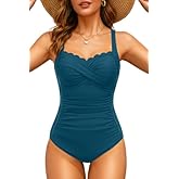Daci Teal One Piece Swimsuit for Women - Tummy Control Bathing Suit with Scalloped Square Neck Retro Swimwear 2026 XL