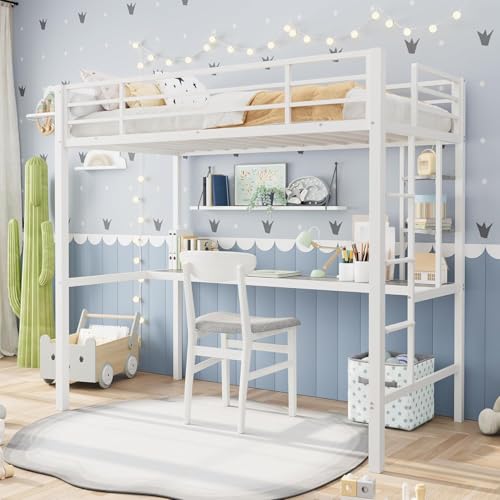 Garvee Twin Size Loft Bed with Large Desk and Storage Shelves, Heavy Duty Metal…