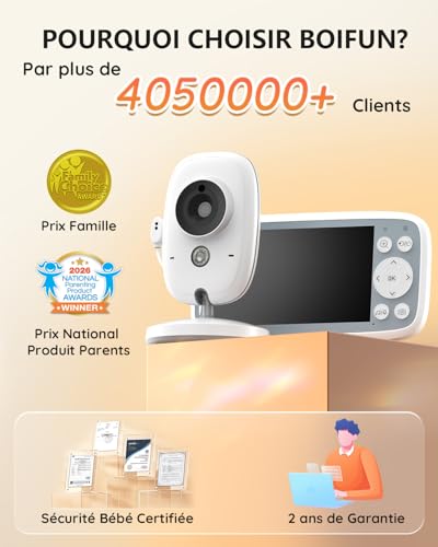 Boifun Baby Camera Baby Monitor without WiFi, Invisible Infrared Night Vision, 4 Inches, HD 720P, Two-Way Intercom, Lullabies, Temperature/Sound Sensor, 3x Zoom, Baby Bottle Reminder