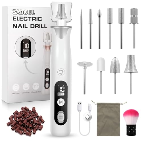 Electric Manicure / Pedicure Set, Nail Feles, Nail Cutter and Callus Remover with 10 Attachments for Nail Care, with 10 Speeds, LED Light, Storage Bag