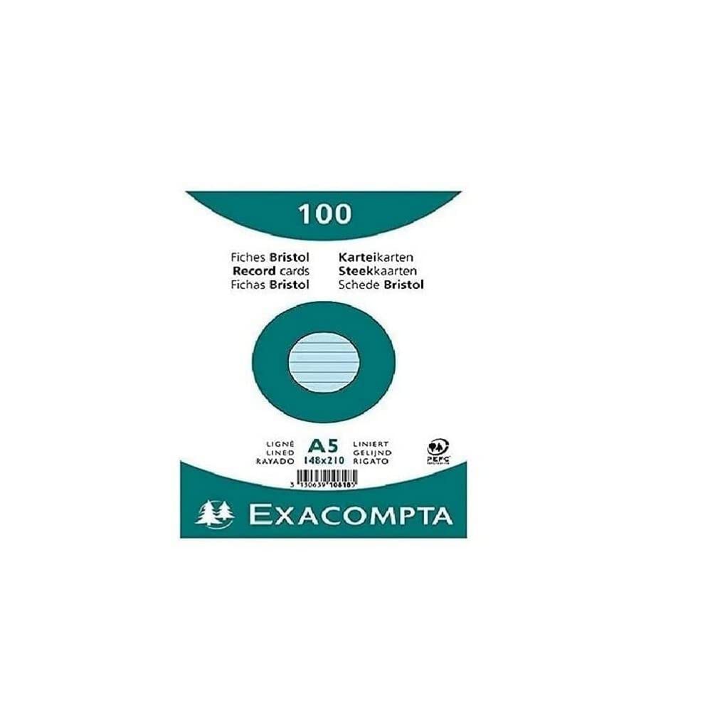 Exacompta - Ref 10818SE - Bristol Lined Record Cards (Pack of 100) - A5 in Size, 205gsm Card, Compatible with Printers - Suitable for Exam Revision & Notes - Blue