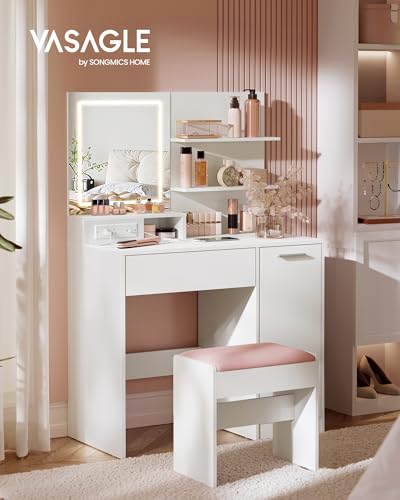 VASAGLE KAILYN Collection - Vanity Desk with LED Lights and Power Outlet, Makeup Vanity Table with Mirror, Modern Makeup Desk, Drawer, 2 Shelves, Cabinet with Adjustable Shelves, White URDT138W02