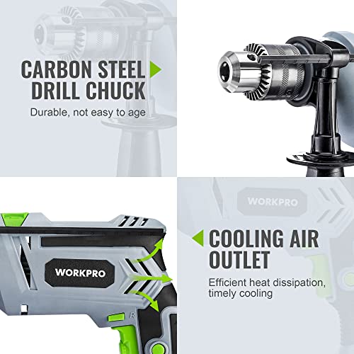 WORKPRO 850W Hammer Drill, Electric Drill with Cable, Impact Drill with 360° Rotating Handle, 3000 RPM, Variable Speed Button