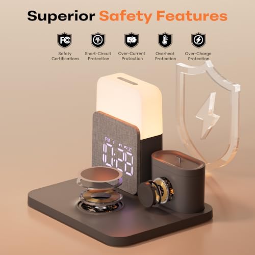 5 en 1 Station de Charge pour A-pple Reveil Chargeur Induction pour i Phone 17-11 pour air-pods A-pple Watch Chargeur sans Fil avec Lampe pour la Chambre à Coucher Adaptateur Inclus