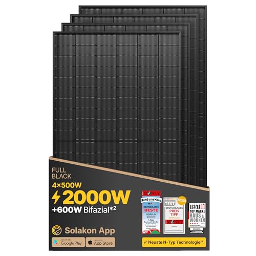 Solakon Solarpanel 500W, Bifazial Glas-Glas N-Type Solarmodul, 40v Full Black Solarmodule/Solar Module für Balkonkraftwerk/Solaranlage, 500w Solar Pan