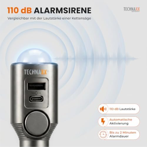Autoalarm mit PIR Bewegungsmelder – 12–24V Plug-in Alarm mit 110dB Sirene, 6-Tage Akku, USB-A & USB-C Ladeports, LED-Anzeige & Fernbedienung - 2026 Update Modell - TX-100
