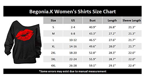 Begonia.K Women\'s Sexy Pullover Lips Print Casual Off the Shoulder Slouchy Shirt, Red Lip, Medium