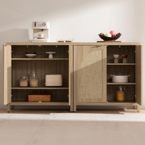 SICOTAS 34'' W Rattan Sideboard Buffet Cabinet with Storage, Boho Buffet Cuisine Arched Coffee Bar Accent Cabinet, Large Credenza Mid-Century Modern Buffet Table TV Stand for Living Room, Entryway