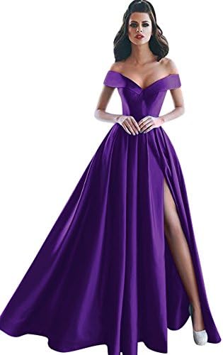 Harsuccting Off The Shoulder V-Neck Pleat Slit Long Satin Evening Prom Dress