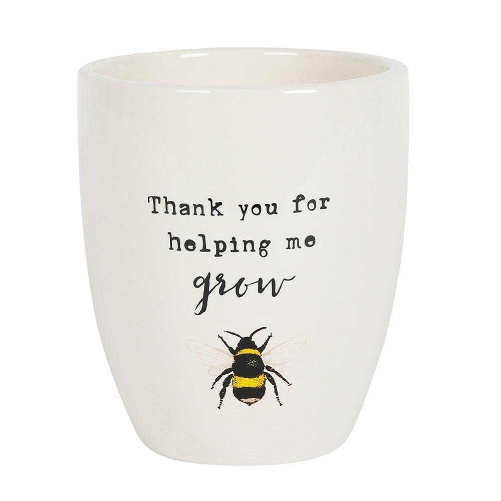 Charming "Thank You For Helping Me Grow" Ceramic Plant Pot - 13cm x 11cm (1 Pc.) - Adorable Bee Illustration, Sweet Appreciation Text - Perfect for Gifting to Teachers or Brightening Someone's Day