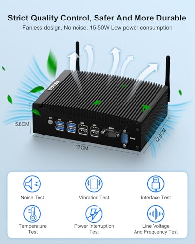 VENOEN Fanless i5 Mini PC Industrial Core i5 8250U/8350U WIN11 Pro, 16GB RAM 512GB SSD, 2X HD 4k Output, 2X RS232 COM, WiFi, 2X Gigabit Ethernet, Industrial PC for Office/Billboard