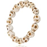 jiajiubai 2pcs(large and small) Skull Bracelet with Colorful Howlite & Synthetic Turquoise Beads - Skeleton Tibetan Prayer Mala Bead Bracelet for Men and Women, Couples Jewelry