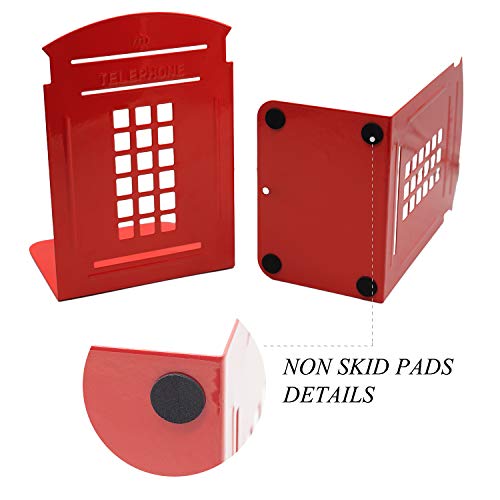 VONDERSO Bookends Telephone Booth Heavy Metal Non-Slip Durable Gift for Bookshelf Decor Home Office School Library (Red-2pairs)