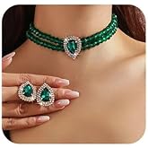 Missgrace Vintage Boho Bride Wedding Black Red Blue Large Party Prom Teardrop Rhinestone Layered Choker Necklaces and Earrings Set for Women