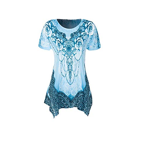 Plus Size Womens Clothing Respctful✿ Casual Short Sleeve T Shirt Boho Floral Print Top Ladies Casual Hem Blouse Blue