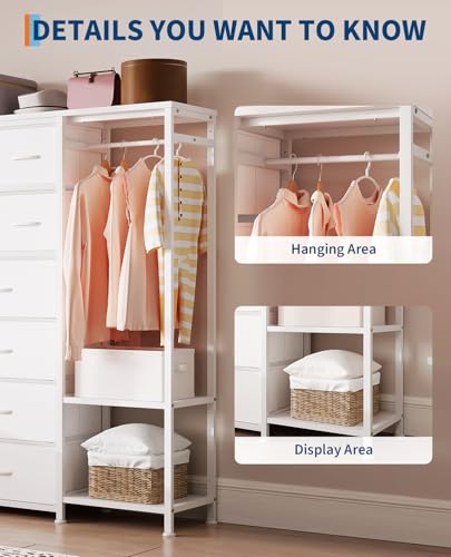 Garvee 16-Drawer Tall Dresser with Clothes Rack - Fabric Storage Chest for Bedroom, Closet Organizer with 2 Shelves & Adjustable Dividers | Vertical Space-Saving Design, White