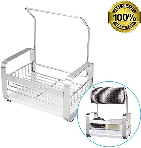 Sponge Holder Sink Caddy with Rag Holder, Stainless Steel Kitchen Sink Organizer with Removable Drip Tray, Wall Mounted Or Countertop, for Soap Scrubber Brush Cleaning Supplies, Silver,17×11×21cm