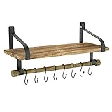 Love-KANKEI Wall Shelf for Storage - Rustic Wood Kitchen Spice Rack with Towel Bar and 8 Removable Hooks for Organize Cooking Utensils or Mugs Torched Finish