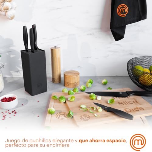 MasterChef Juego de Cuchillos de Cocina con Soporte Taco Universal con Set para Pan, Cebollero, Chef, Carne y Pelar, en Acero Inoxidable, 5 Piezas, Negro, Stainless Steel, Negro, Tacto Suave