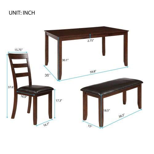 Dinning Room Set for 6 with Bench,JULYFOX 6 Piece Wood Rectangular Kitchen Table with 4 PU Leather Padded Chairs and 1 Upholstered Dinning Bench for 6 People Espresso