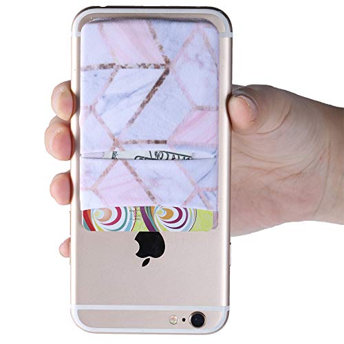 2Pack Phone Card Holder Stretchy Lycra Stick on Wallet Pocket Credit Card ID Case Pouch Sleeve 3M Adhesive Sticker for Back of iPhone Samsung Galaxy Android Smartphones-Rose Gold Marble Double Pocket