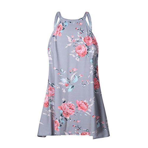 Summer Print Shirt Blouse Crew Neck Sleeveless Flowy Tank Tops (L, Gray)