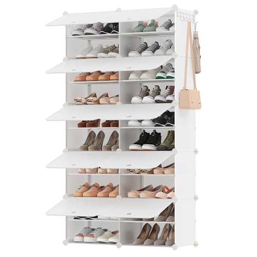 SONGMICS Shoe Rack with 10 Compartments, Modular Storage Shelf, Compartment 30 x 40 x 30 cm, Door, Steel Frame, Plastic, for Hallway, Bedroom, Entrance, Cloud White LPC035W02
