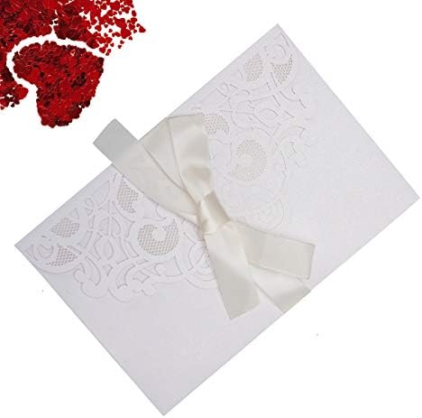 Wedding Invitation Cards, Fashionclubs 10pcs Laser Cut Floral Invitations Cardstock 3 Folds Invitaion Pockets with Blank Paper&Ribbon Bridal Shower Birthday Graduation Invitation Cards (White)