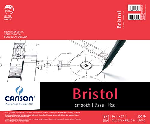 Canson Foundation Series Bristol Paper Pad, Heavyweight Paper for Pen, Smooth Finish, Fold Over, 100 Pound, 14 x 17 Inch, Bright White, 15 Sheets