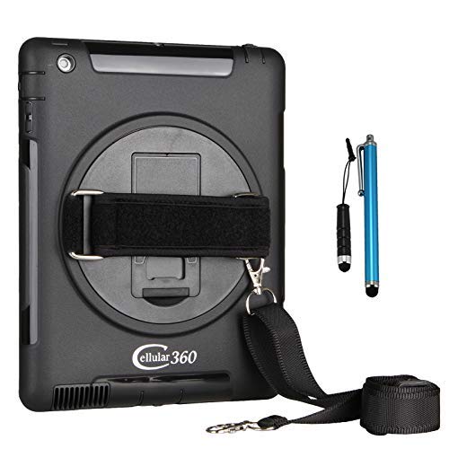 Cellular360 Shockproof Case for iPad 2 iPad 3 iPad 4, Car Headrest Mount Case with a 360 Degree Rotatable Kickstand, Adjustable Handle and Shoulder Strap (Black)