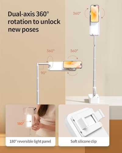 Upgrade Phone Stand for Recording,360° Rotation Overhead Phone Mount with Light,Desktop Tripod with Rechargeable 15 Brightness Canvas Lamp for Facebook, Instagram Live, Snapchat,TikTok/YouTube (V10)