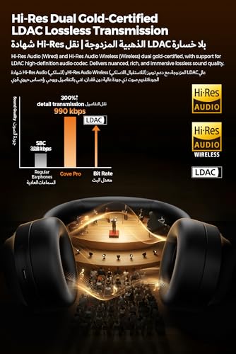 SOUNDPEATS Cove Pro Adaptive Hybrid Active Noise Cancelling Foldable Over-Ear Headphones, LDAC Hi-Res Audio Wired/Wireless Certified, 7MIC AI Clear Calls, Bluetooth 6.0 Bluetooth Earphones, 95H, APP