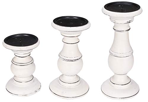 Set of 3 Wooden Pillar Candle Holders, Ideal for LED and Pillar Candles, Gifts for Wedding, Party, Home, Spa, Reiki, Aromatherapy, Votive Candle Gardens - 10 Inch, 8 Inch, and 6 Inch - Antique White