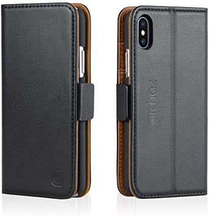 iPhone X/iPhone XS Leather Case. Premium Italian Leather Case - Magnetic Closure - Adjustable Viewing Stand (iPhone X/iPhone XS, black and tan brown)