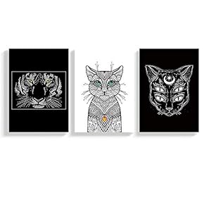 3 Panel Canvas Wall Art Black and White Cat Canvas Prints Painting Wall Decor for Living Room Wooden Framed Home Decorations - 16"x24" x 3 Panels
