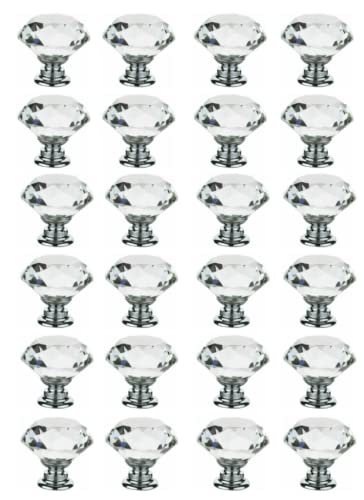 Taps2Traps Pack of 24 x Large Crystal Diamond Glass Door Knobs for Cupboard Drawer Furniture Handle Cabinet