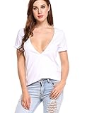 Bifast Women Sexy Deep V-neck Low Cut T-shirt Short Sleeve Solid Color Summer Loose Casual Tee S-XXL
