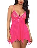 Ababoon Women Lingerie Lace Babydoll V neck Asymmetrical Sleepwear Strap Chemise