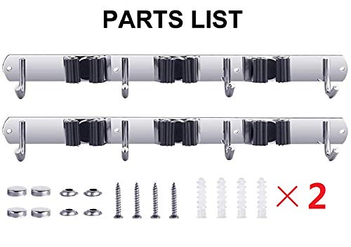 VIAV 2 Pack Mop Holder Wall Mounted, Stainless Steel Broom Hanger with 3 Position 4 Hooks, Garage Tools Organizer Rack Storage for Kitchen Bathroom Garden