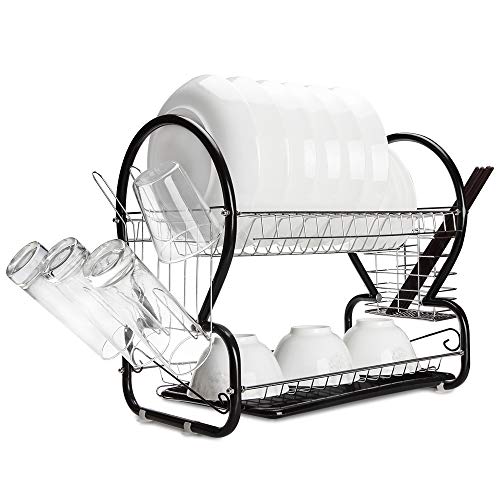 2-Tier Dish Rack and Drain Board, Brilliant Black Large Kitchen Plate Cup Dish Drying Rack Storage Tray Cutlery Dish Drainer Room Saving