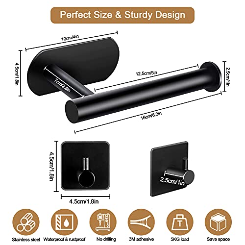TORMAYS Toilettenpapierhalter, Klopapierhalter Ohne Bohren, Selbstklebend WC Papier Halterung + 4 Handtuchhaken, Klorollenhalter Edelstahl 304, Rollenhalter Schwarz Matt für Bad, Schlafzimmer, Küche