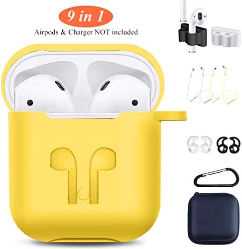 AirPods Silicone Case Compatible Apple AirPods 2&1,9 in 1 AirPods Accessories Set Protective Cover and Skin with Earpods Keychain/Strap/Ear Hook/Carrying Box-Yellow