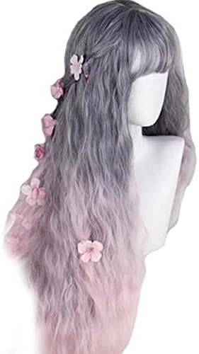 Women Girls Long Harajuku Grey Mixed Pink Lolita Cosplay Wig Super Natural Club Halloween Costume Party Daily Hair with Wig Cap (Grey Ombre Pink)