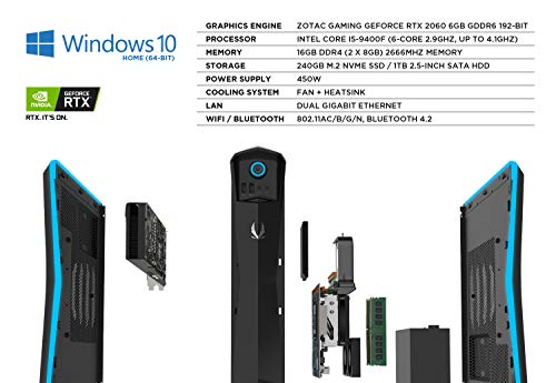 ZOTAC GAMING MEK1 GAMING PC, ZOTAC GeForce RTX 2060, Intel Core i5-9400F, 16GB DDR4/240GB NVMe SSD/1TB HDD/Windows 10 System, G12060C5R1B-U-W2B