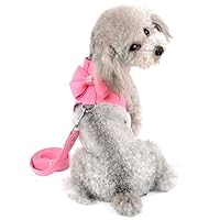 SELMAI Small Pet Dog Cat Bling Rhinestone Harness and Leash Set Bow Girls Soft Ultra Suede Leather, Adjustable/No Pull Pink M