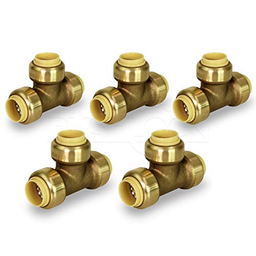 Pushlock UPET34-5 Tee Pipe Fittings Push to Connect Pex Copper, CPVC, 3/4 Inch, Brass Pack of 5