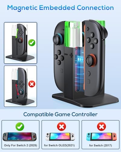 Dock di ricarica per controller Nintendo Switch 2 (2025) per Joy con 2, stazione di ricarica per Joycon 2 accessori per controller con cavo, supporto verticale con 4 porte magnetiche ricarica