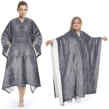 Sherpa Poncho Blanket Super Soft Comfy Plush Wearable Fleece Blanket for Adult Women Men Kids Throw Wrap Cover Indoors or Outdoors, 55''x 80'' Grey