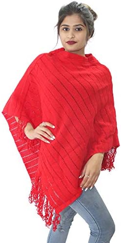 Women's Woollen Knitted Poncho (Ad04B50_Red_Free Size)